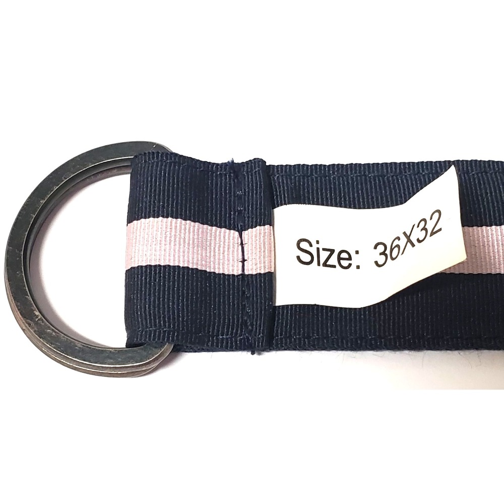 Fabric Tie Belt Stripe 36 Woven Navy/ Lt Pink Middle D Ring Aged Pewter Adjust - Picture 6 of 6